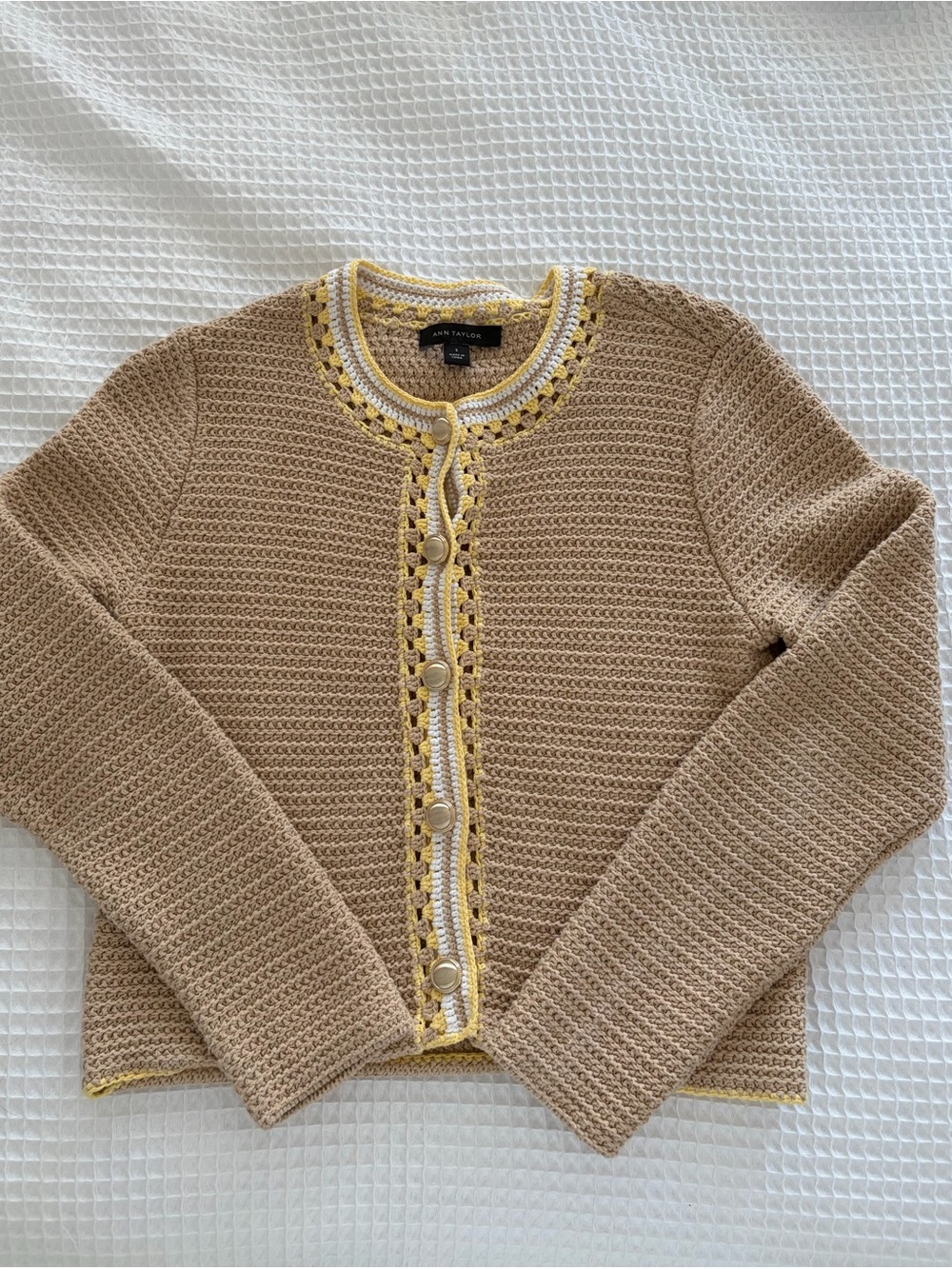 Ann Taylor Tan Crochet-Style Cardigan with Yellow Trim